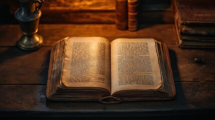 old, brown book open on a wooden desk