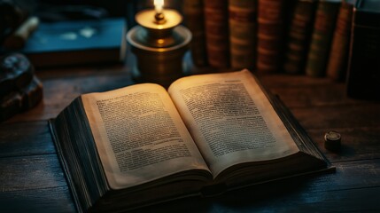 Obraz premium old, brown book open on a wooden desk