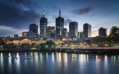 Fototapeta premium Melbourne City Skyline at Dusk with Ample Space for Text