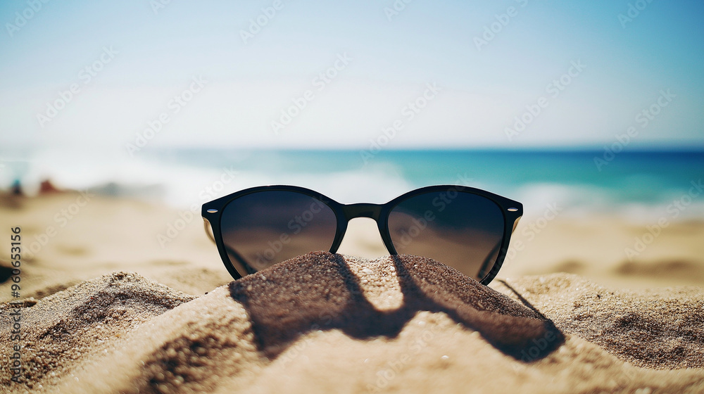 Poster black sunglasses with palm reflections on a sandy beach, the bright midday sunlight