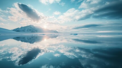 Fototapeta premium Cold blue water mirrors icy land.