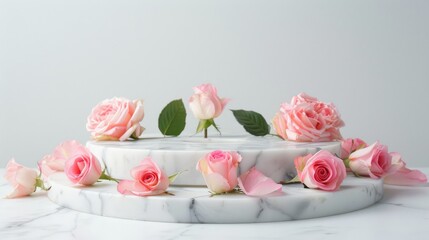 Marble podium with pink roses on white background for showcasing body care products.