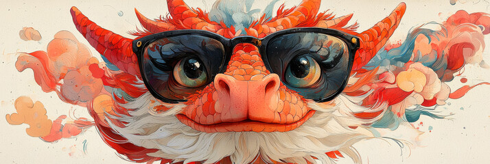 A red dragon with a white beard wears cool shades and smiles for the camera.