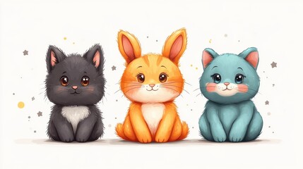 Fototapeta premium Simple animal clipart with a rabbit, cat, and dog on a white background