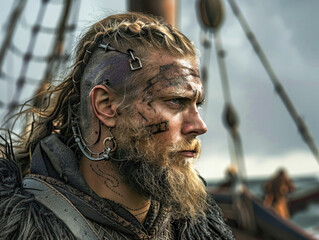 Viking warrior in the rain with battle-worn expression