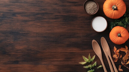 Composición otoñal sobre mesa de madera con calabazas y utensilios de cocina © BONI