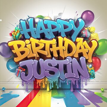 Happy Birthday Justin graffiti art. Boys birthday card with colorful background.