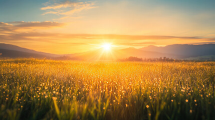 Spectacular sunrise over distant mountains, sun rays spreading across a vast meadow, dew-kissed grass glistening in the early light, serene morning landscape symbolizing new beginnings - Generative AI
