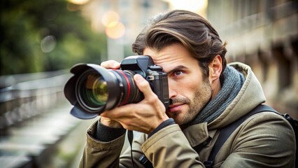 Obraz premium person, man, woman with camera, in the city, photo reporter taking pictures, taking pictures on camera, taking pictures of landscapes