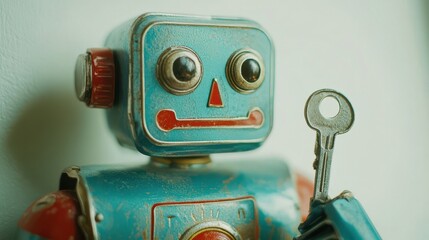 Vintage Tin Robot Toy with Wind-Up Mechanism - Low-Angle Shot Retro Collectible Figurine