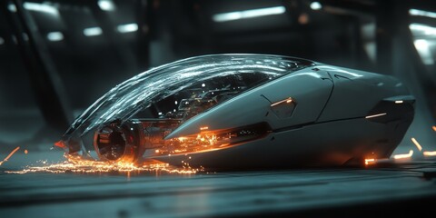 Futuristic white vehicle on a metal floor.