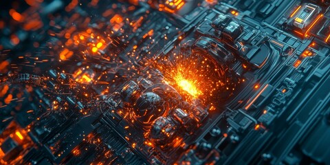 Obraz premium Orange sparks fly from a metallic machine.