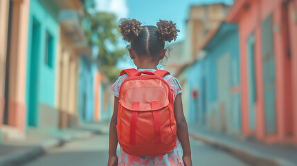Niña con mochila de camino al colegio