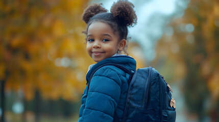 Niña con mochila de camino al colegio