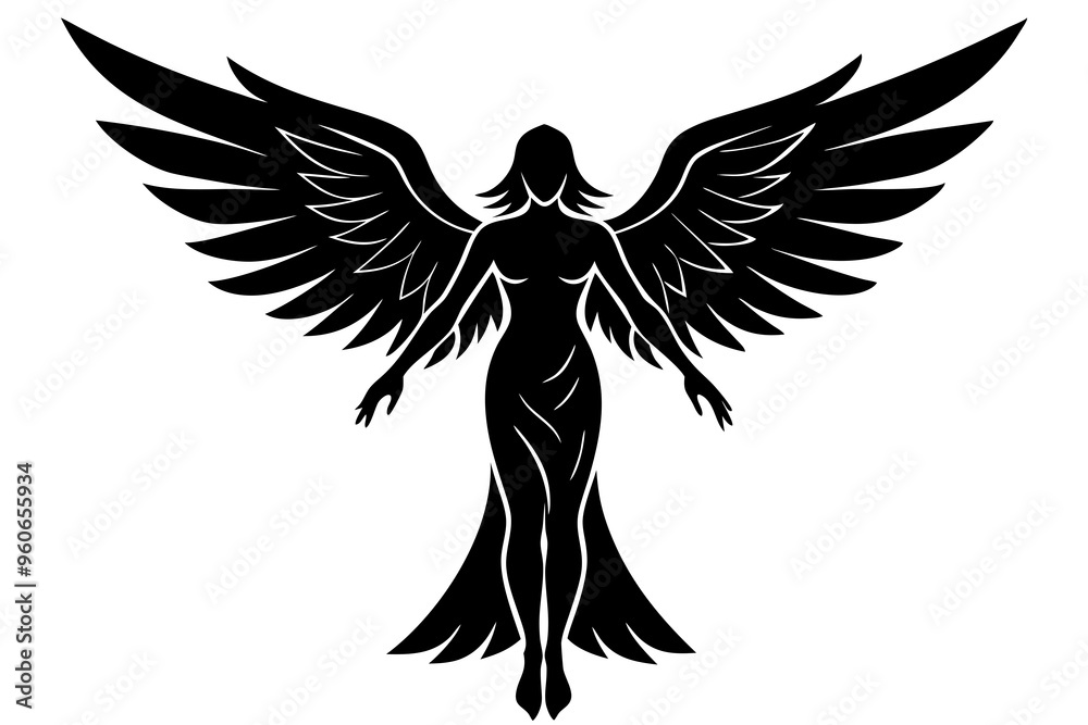 Wall mural Black silhouettes of angels with large wings on a white background