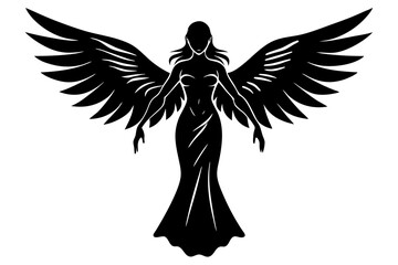 Black silhouettes of angels with large wings on a white background