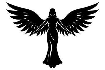 Black silhouettes of angels with large wings on a white background