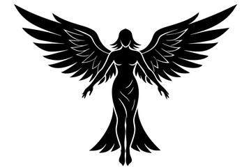 Black silhouettes of angels with large wings on a white background