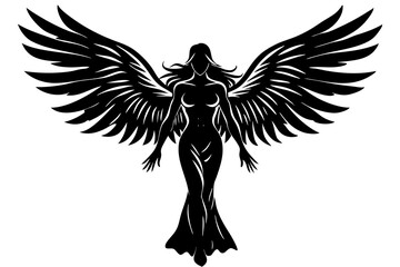 Black silhouettes of angels with large wings on a white background