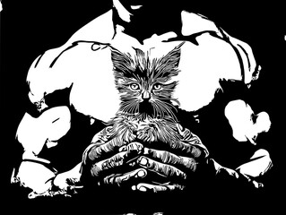 Ink drawing of a muscular man tenderly holding a kitten in his hands, suggesting balance between physical strength and emotional intelligence 