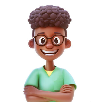 3D cartoon black male nurse character. African american smiling Male Medic wearing green scrubs in 3d cartoon style