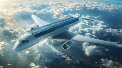 Obraz premium Illustrate eco-friendly technologies, such as solar panels on the wings, efficient propulsion systems, or advanced waste recycling mechanisms. 