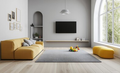 Modern living room with a light wooden floor, white walls, and large windows. The sofa is in a yellow color