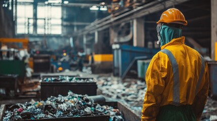 Naklejka premium industrial waste management facility, with recycling bins, workers in protective gear