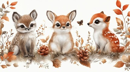 Soft watercolor woodland animals on white background