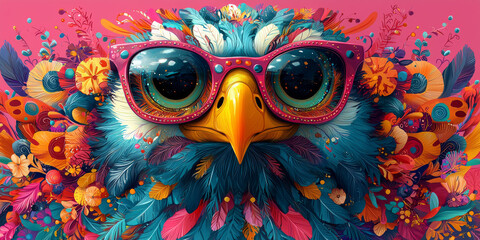 Obraz premium A close-up of a colorful eagle with pink sunglasses, surrounded by vibrant flowers and feathers.