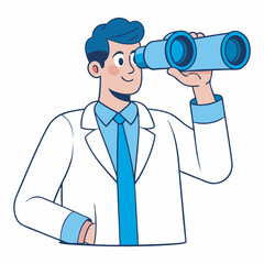 Male doctor looks through a binoculars on a search. Searching, finding, web surfing, looking for opportunities concept  vector illustration.eps