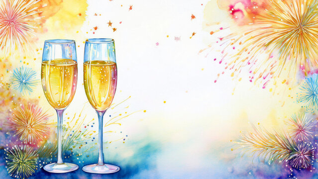 Cart&atilde;o de final de ano, estilo festividades. Duas tachas de espumante brindando desenhadas no canto da tela. Fundo com luzes desfocadas e fogos de artificio. Desenho estilo aquarela.