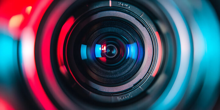 Vue rapproch&eacute;e d'un objectif de cam&eacute;ra avec des lumi&egrave;res multicolores