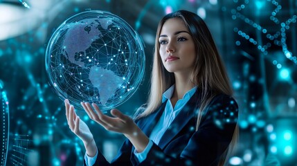 Naklejka premium businesswoman in suit touching her finger with global connection