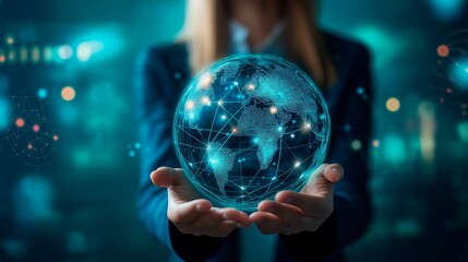 Fototapeta premium businesswoman in suit touching her finger with global connection