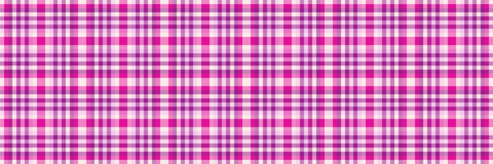 Bold check tartan fabric, cotton seamless texture plaid. Fuzzy textile pattern vector background in magenta and white colors.