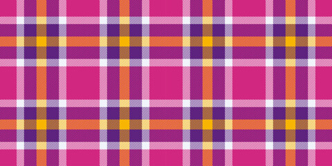 Customer seamless textile plaid, father tartan pattern vector. Show background fabric check texture in pink and violet colors.