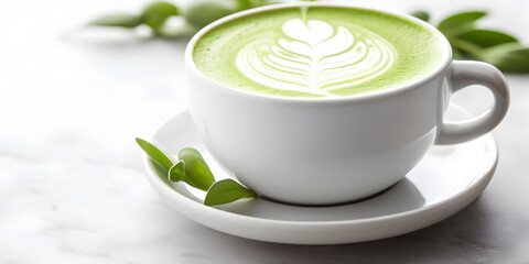 Close up of matcha latte in a cup on a white marble background