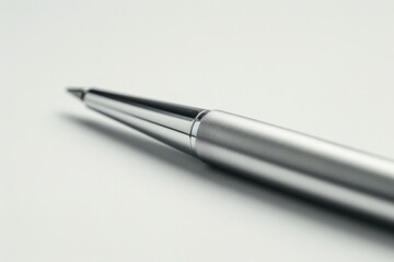 Fototapeta premium A minimalist photo of a sleek, modern silver pen lying flat on a pure white background