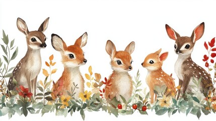 Fototapeta premium Woodland animals decorating an invitation with white background