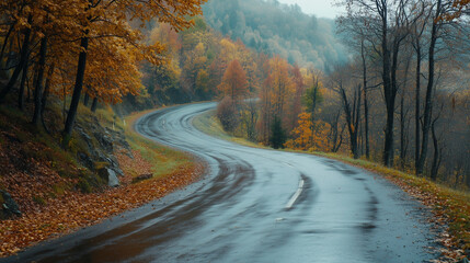 Fototapeta premium Scenic autumn drive along a winding mountain road after the rain, surrounded by colorful trees for a peaceful adventure