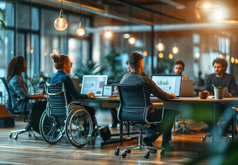 A young woman in a wheelchair working in a company office