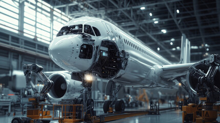 Show a scene of the airplane undergoing automated maintenance checks, with robotic systems inspecting and repairing various components. 