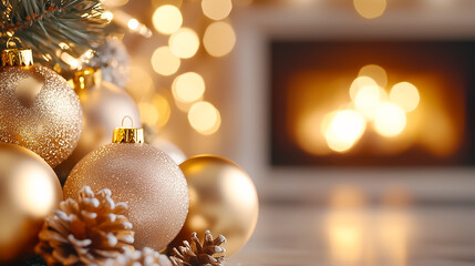 Fototapeta premium Decorative golden ornaments and pinecones are showcased beside a warm, glowing fireplace, creating a cozy holiday atmosphere filled with light