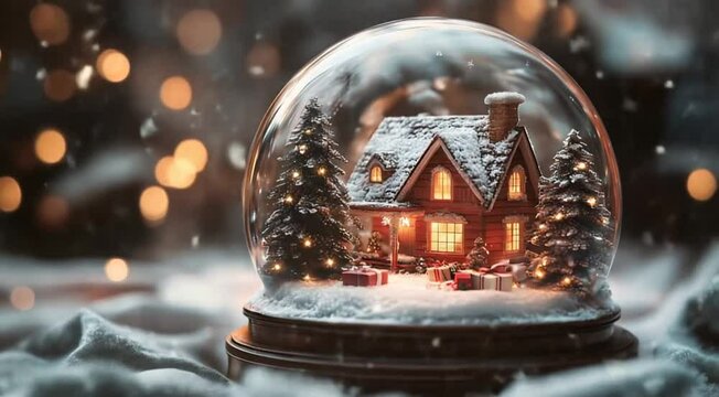 Snow globe featuring a cozy Christmas house with snowy trees and warm lights in a festive winter setting