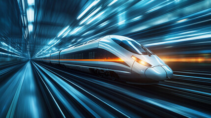 Fototapeta premium Show a sleek, modern high-speed train speeding along its tracks, with a futuristic design and dynamic motion, highlighting the advancements in technology and the excitement of fast travel.
