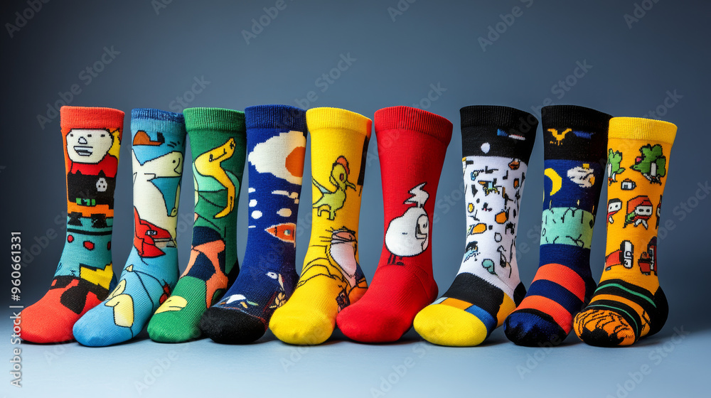 Wall mural Show fun sock designs with cartoon characters, humorous prints, and creative patterns. Add playful accessories or props for extra fun.