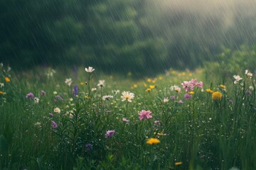 Fototapeta premium A wildflower meadow gently touched by light rain, the colors vibrant and fresh.