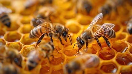Naklejka premium Bees on a honeycomb in a hive. Macro image of a bee collecting honey