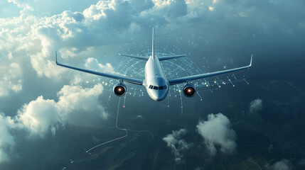Naklejka premium Show the airplane using advanced navigation systems, such as real-time weather monitoring, adaptive flight paths, and collision avoidance technology, ensuring a safe and efficient journey.